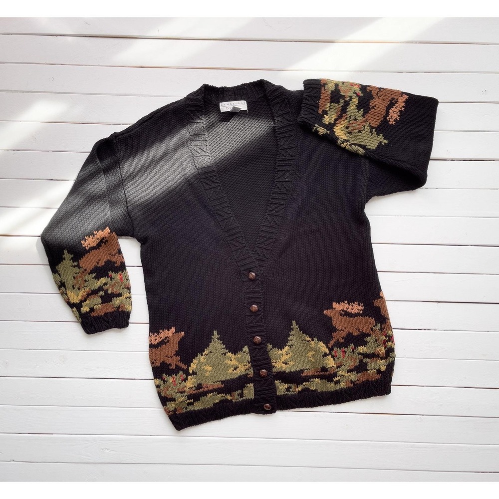 vtg Cambridge Dry Good black deer moose black cotton‎ cardigan sweater S